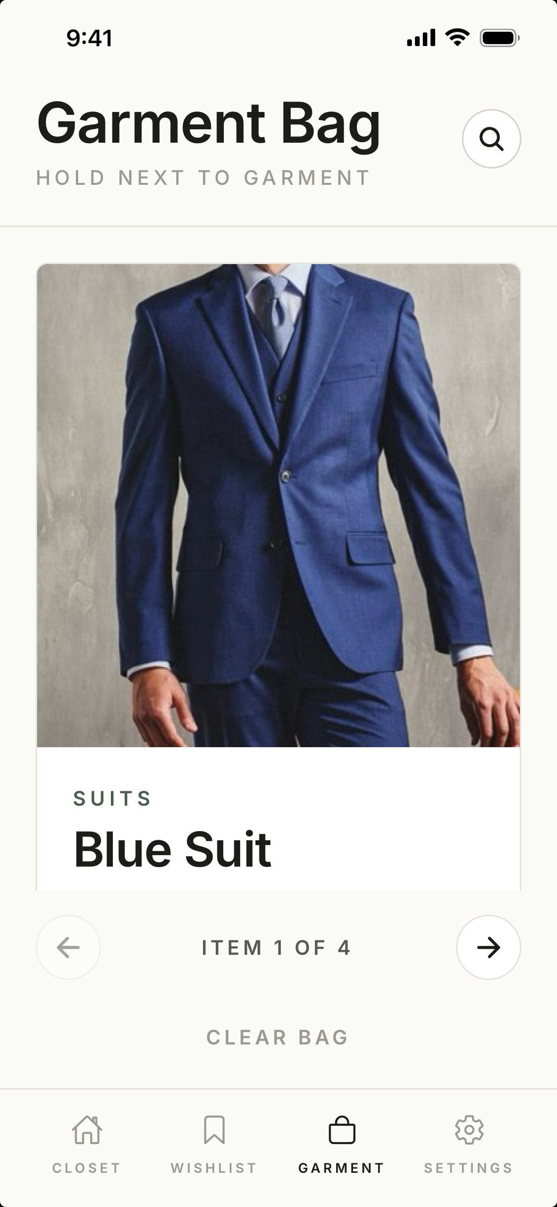 Hanger Garment Bag showing planned outfit